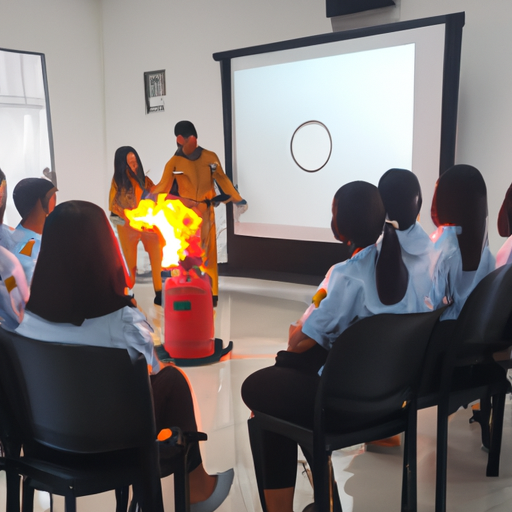 תמונה של קבוצת עובדים עוברת הכשרה בטכניקות בטיחות אש.